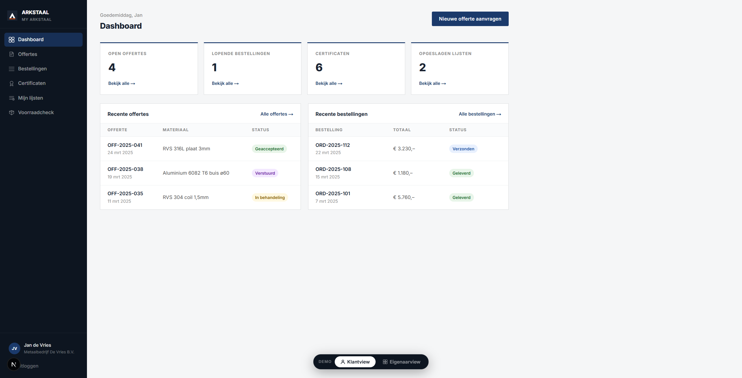 Arkstaal client portal