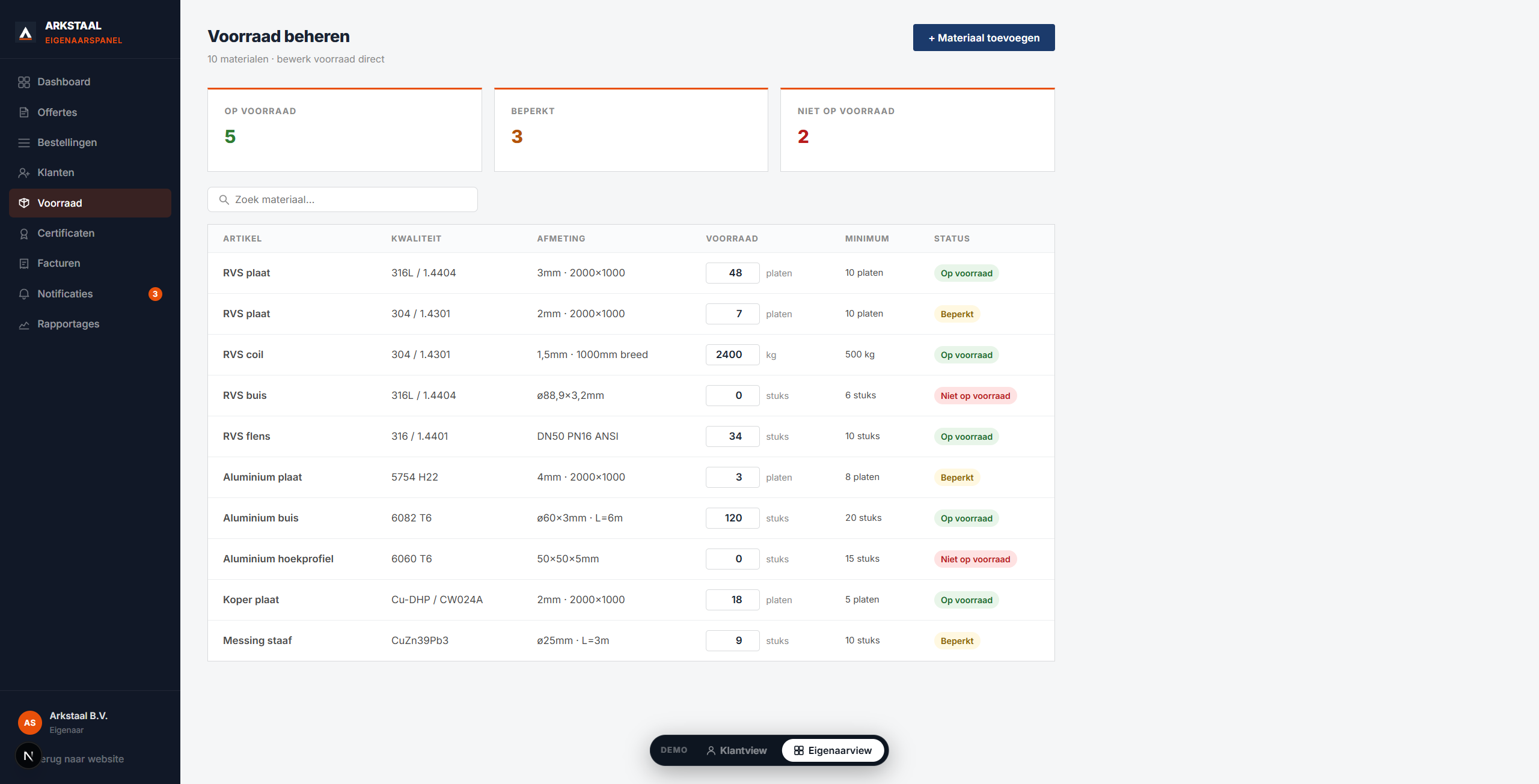 Arkstaal inventory management